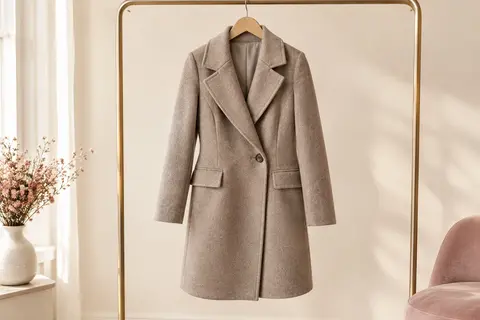 Manteau femme mi-long à devant croisé, revers classiques et poches à rabat, présenté sur un cintre