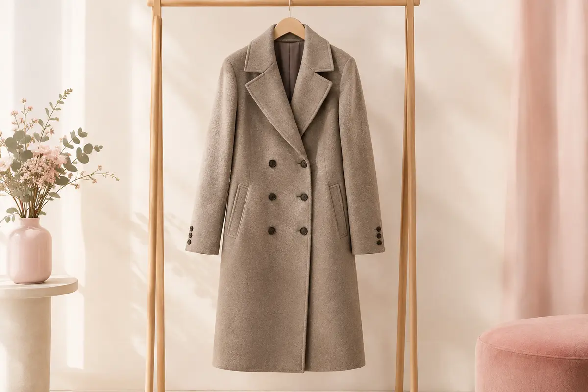 Manteau long uni pour femme à double boutonnage, revers crantés et poches latérales sur un portant