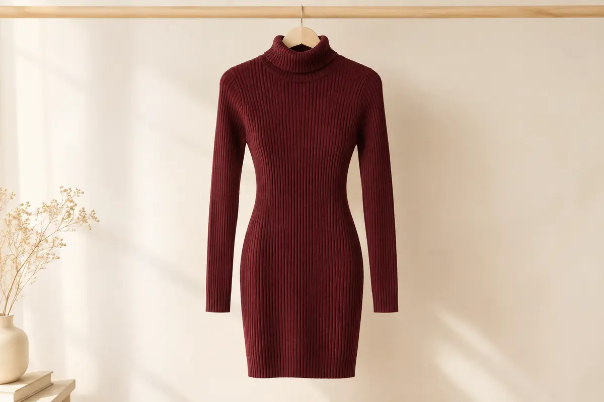 Robe pull femme ajustée en maille unie, avec col roulé et manches longues sur fond ivoire