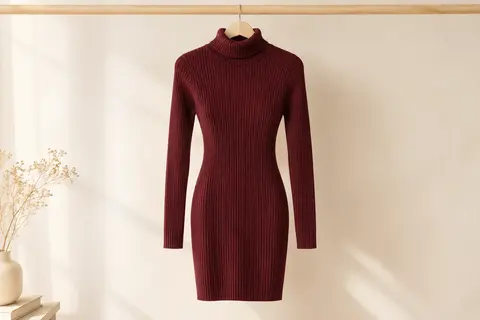 Robe pull femme ajustée en maille unie, avec col roulé et manches longues sur fond ivoire