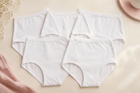 Lot de cinq culottes post-partum blanches à coupe taille haute, présentées à plat sur un fond ivoire.