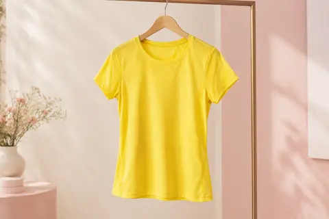 T-shirt de sport femme jaune à manches courtes, présenté seul sur cintre dans un décor ivoire lumineux.