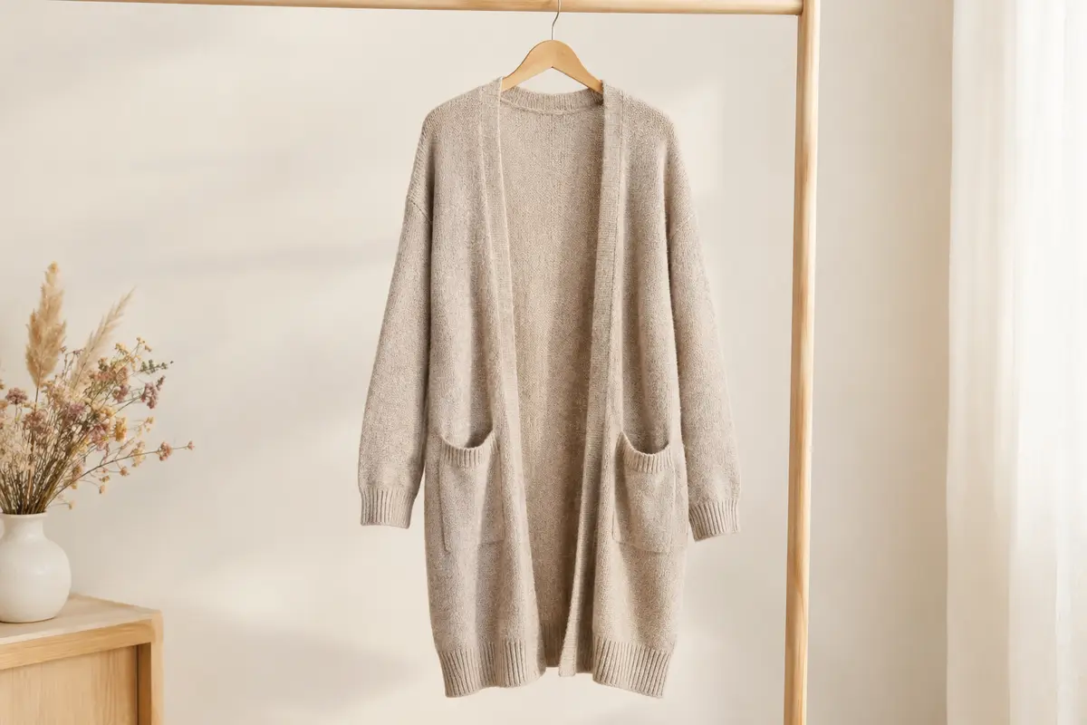 Cardigan long en maille ouvert sur le devant, à manches longues et avec poches, présenté seul sur un cintre.