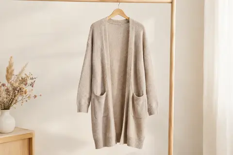 Cardigan long en maille ouvert sur le devant, à manches longues et avec poches, présenté seul sur un cintre.