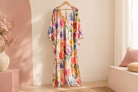 Caftan de plage ample en polyester à imprimé floral, col V et manches papillon sur cintre