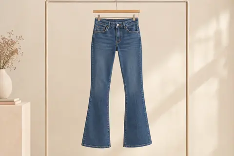 Jean femme Lee à taille mi-haute et coupe bootcut, présenté seul sur un cintre devant un fond ivoire