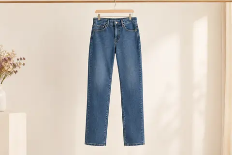 Jean Lee pour femme à jambe droite annoncée, présenté seul sur un cintre dans un décor lumineux.
