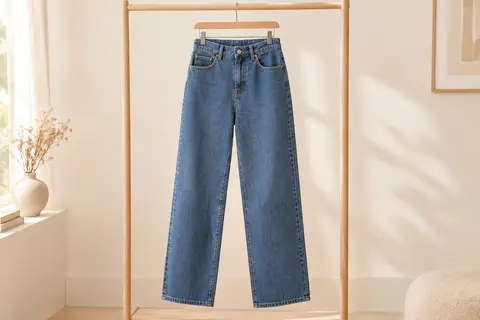 Jean en denim à coupe droite décontractée, présenté seul sur un cintre dans un décor ivoire lumineux.