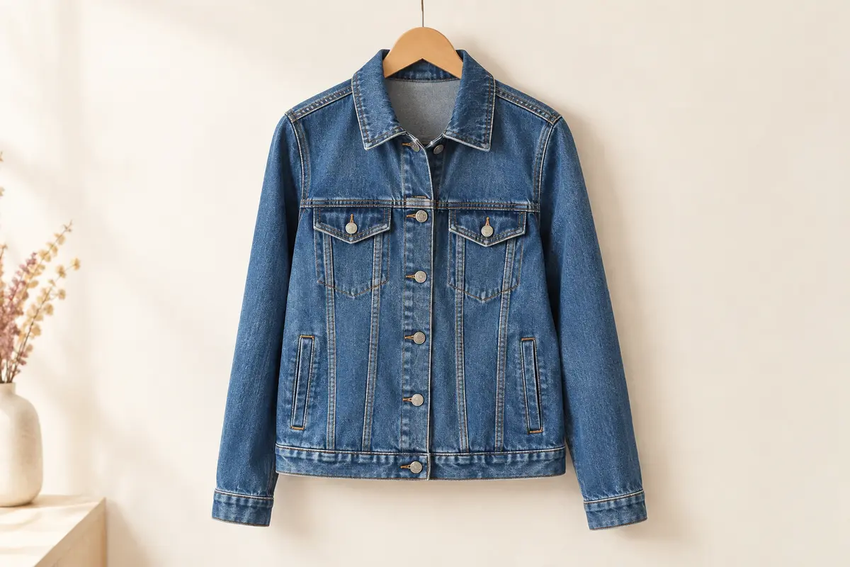 Veste en jean indigo à coupe droite, avec poches à rabat, boutons et surpiqûres visibles