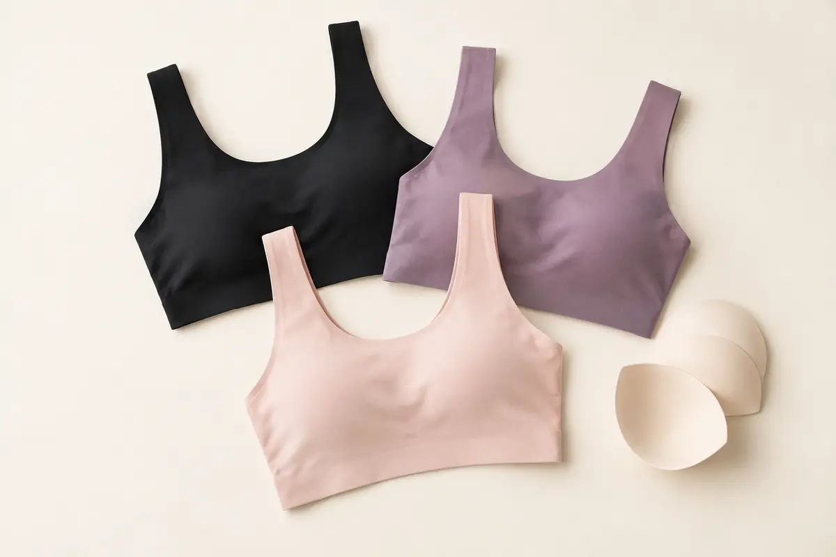 Trois brassières de sport sans armature présentées à plat sur un fond ivoire lumineux