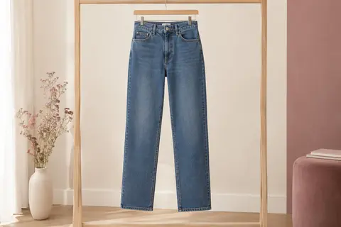 Jean droit Levi’s 314 pour femme, en denim stretch, présenté seul sur un cintre dans un décor lumineux