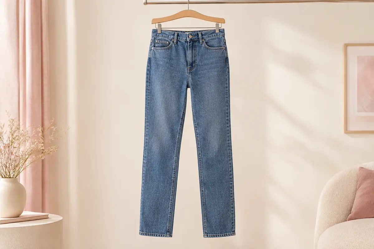 Jean femme à taille haute et jambe droite présenté seul sur un fond clair et épuré.