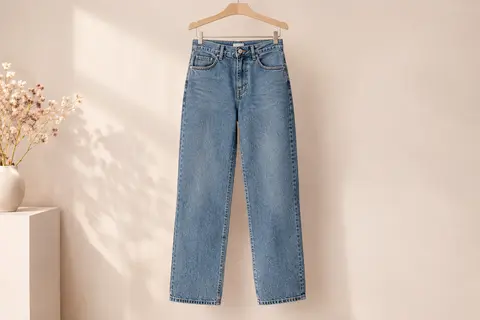 Jean droit pour femme à taille mi-haute, présenté seul sur un cintre dans un décor lumineux