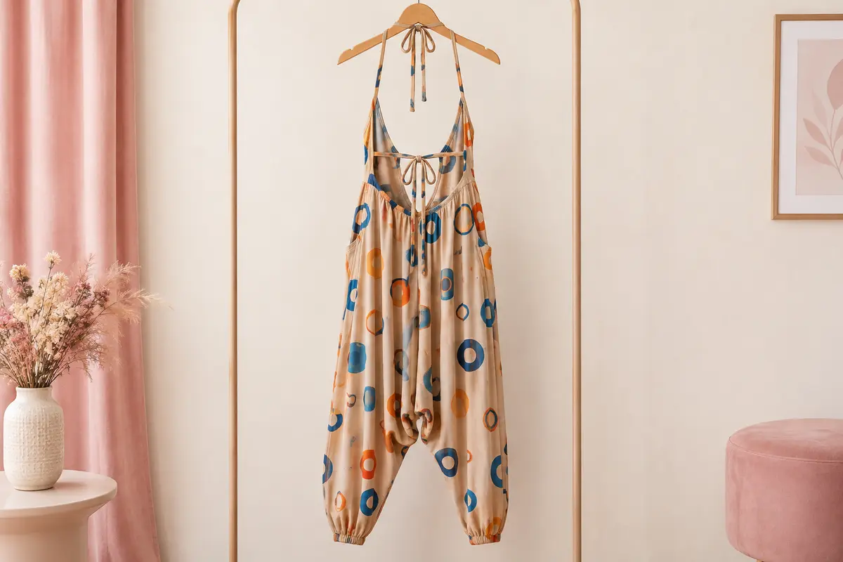 Combinaison sarouel beige à motifs circulaires bleus et orange, présentée seule sur un cintre