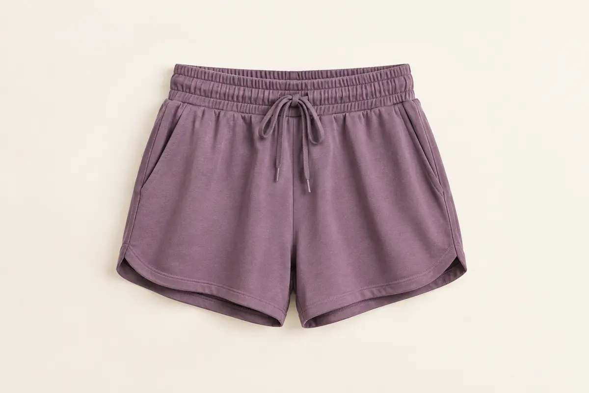 Short de sport femme à taille haute et cordon de serrage, présenté seul sur un fond ivoire lumineux.