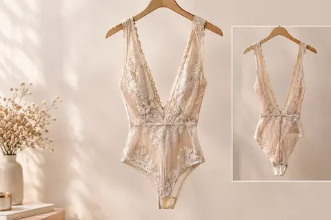 Body féminin en tulle et dentelle, à col V et dos nu, présenté seul sur un cintre.