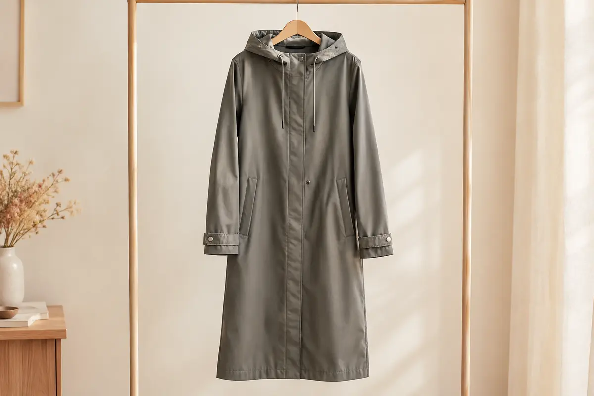 Manteau de pluie long pour femme sur cintre, avec capuche réglable et poches doublées