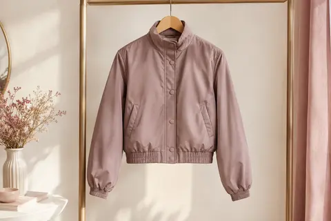 Blouson bomber court uni Megfie à boutons, col montant, manches longues et poches latérales sur cintre.