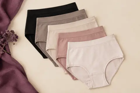 Lot de culottes femme taille haute en coton stretch présenté à plat sur un fond ivoire