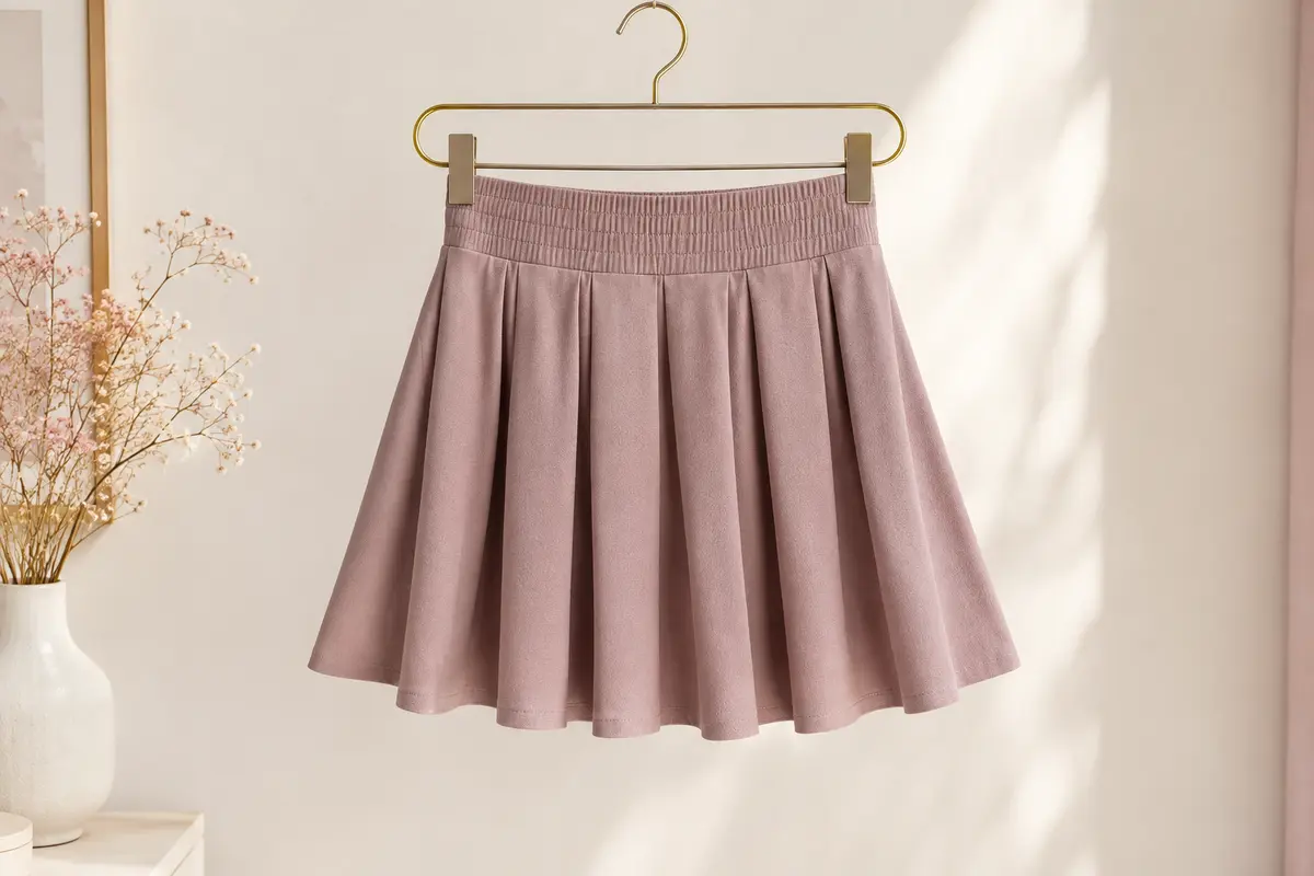 Mini jupe patineuse plissée à taille haute élastique présentée seule sur un cintre