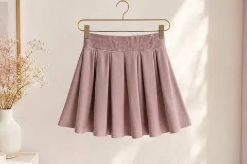 Mini jupe patineuse plissée à taille haute élastique présentée seule sur un cintre