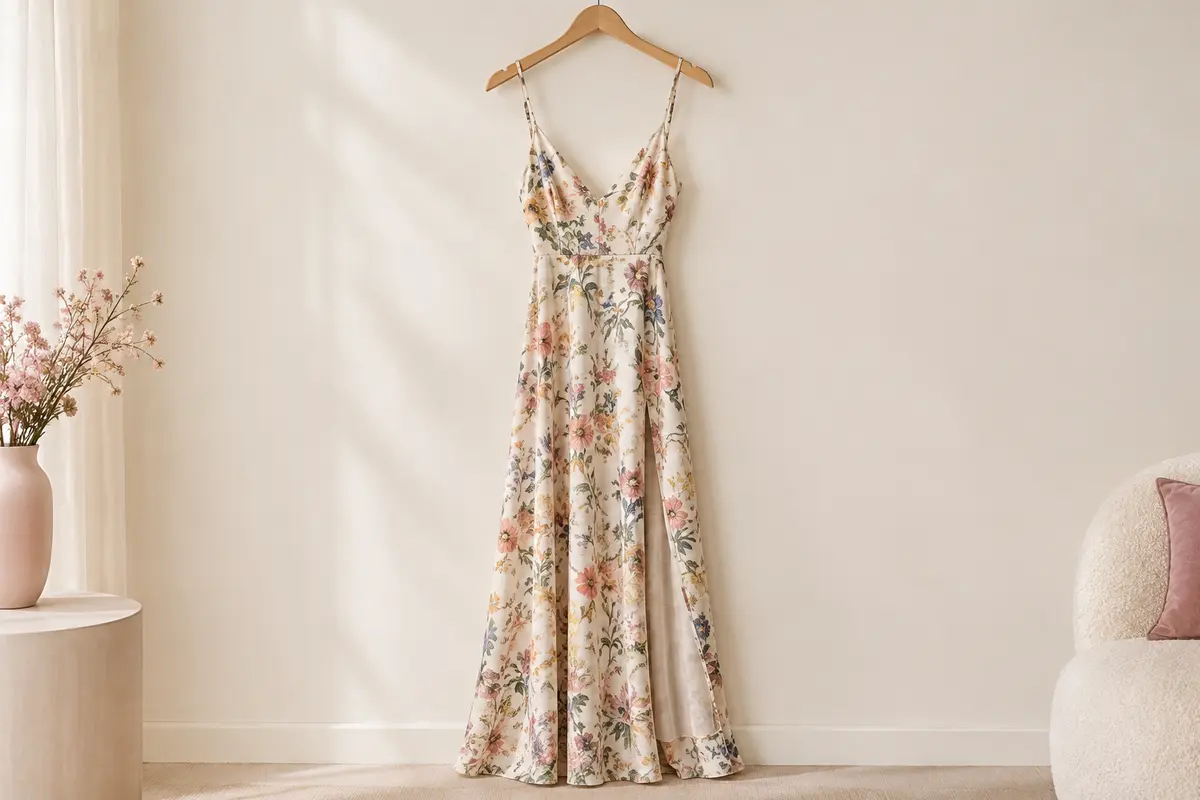 Robe longue à imprimé floral, col V, bretelles fines et fente latérale présentée seule sur un cintre.