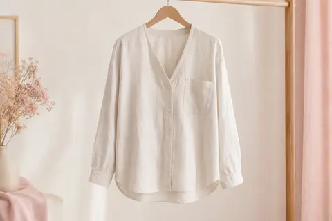 Chemisier uni en coton à coupe ample, col en V, boutons, manches longues et poche sur un côté