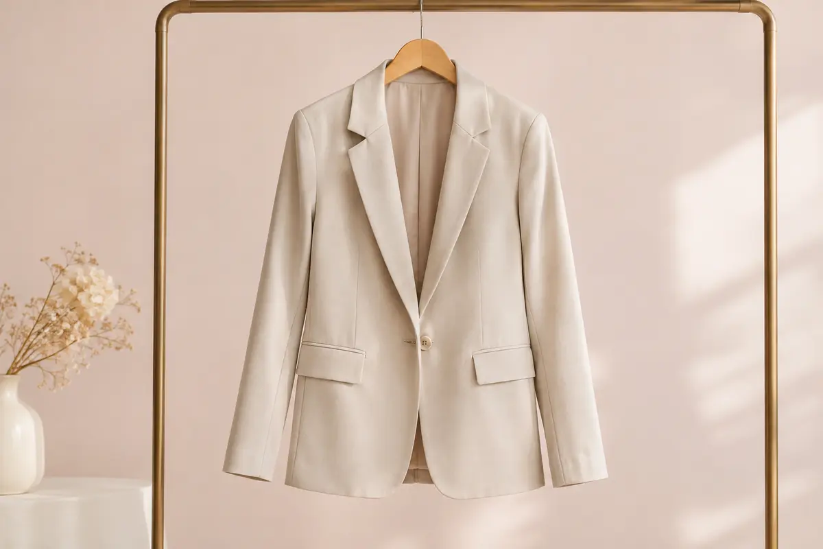 Blazer ONLY pour femme à manches longues présenté seul sur un cintre dans un décor clair.