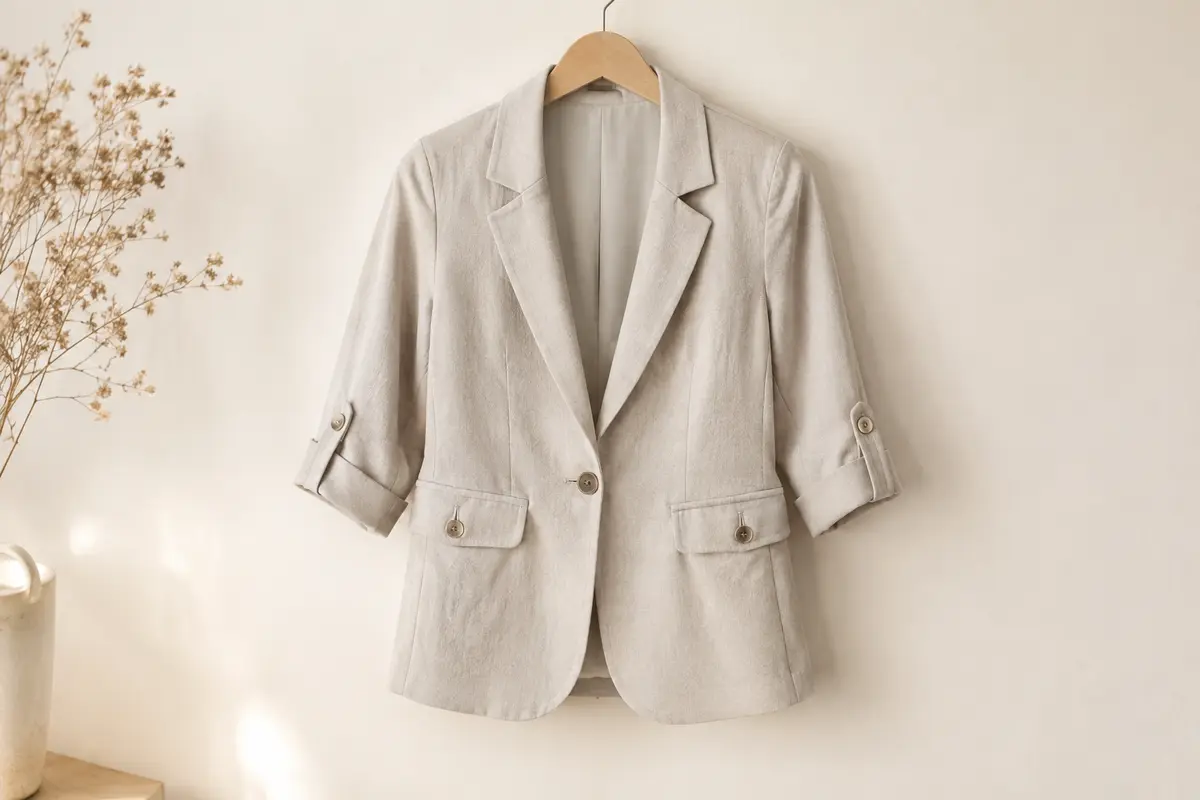 Blazer ONLY pour femme à manches trois quarts et deux poches avant fermées, présenté seul sur un cintre dans un décor clair.