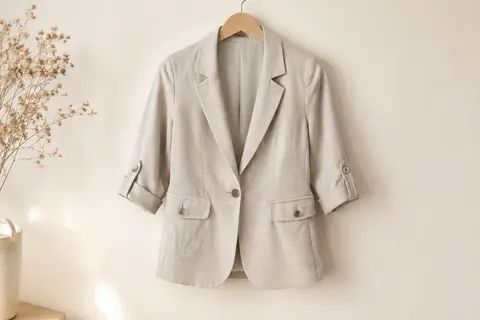 Blazer ONLY pour femme à manches trois quarts et deux poches avant fermées, présenté seul sur un cintre dans un décor clair.