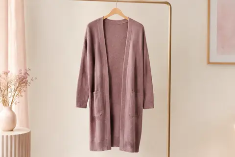 Cardigan long ONLY en maille, avec col en V, manches longues et bords côtelés, présenté seul sur un cintre.