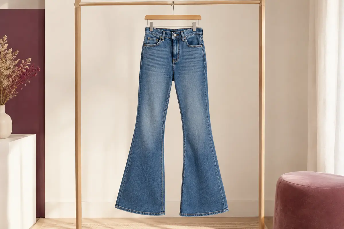 Jean ONLY évasé au délavage moyen, présenté seul sur un cintre dans un décor lumineux.