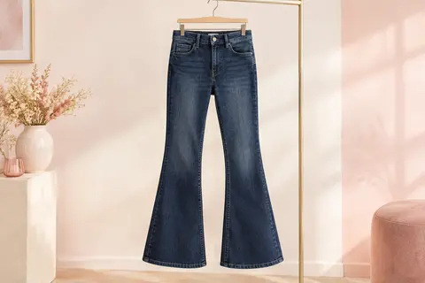 Jean flare ONLY en denim foncé légèrement délavé, présenté seul sur un cintre dans un décor ivoire