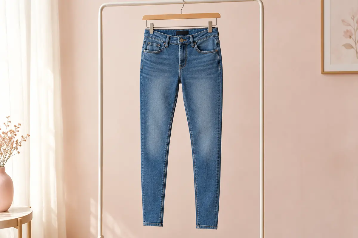 Jean skinny ONLY au délavage moyen présenté seul sur un cintre dans un décor clair et épuré