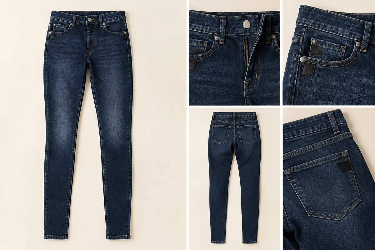 Jean skinny ONLY en denim foncé légèrement délavé, présenté à plat avec ses poches et sa fermeture