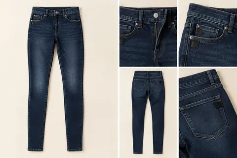 Jean skinny ONLY en denim foncé légèrement délavé, présenté à plat avec ses poches et sa fermeture