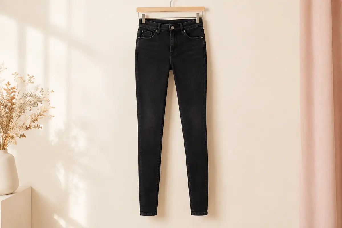 Jean skinny ONLY en denim noir présenté seul sur un cintre devant un fond ivoire lumineux.