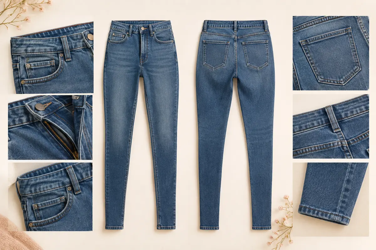 Jean skinny à taille haute et cinq poches présenté à plat sur un fond ivoire lumineux.