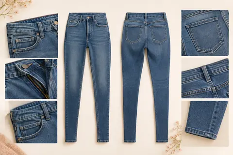 Jean skinny à taille haute et cinq poches présenté à plat sur un fond ivoire lumineux.