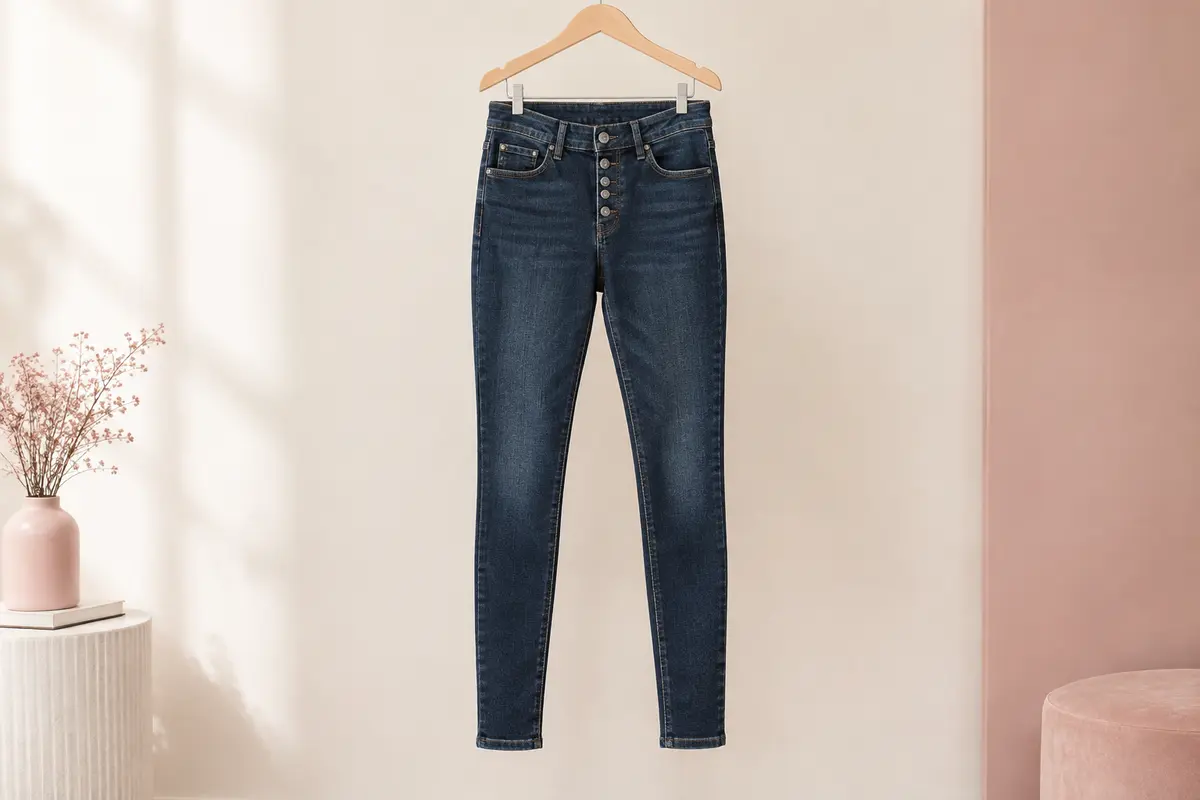 Jean skinny ONLY en denim foncé légèrement délavé, avec braguette à boutons et poches avant.