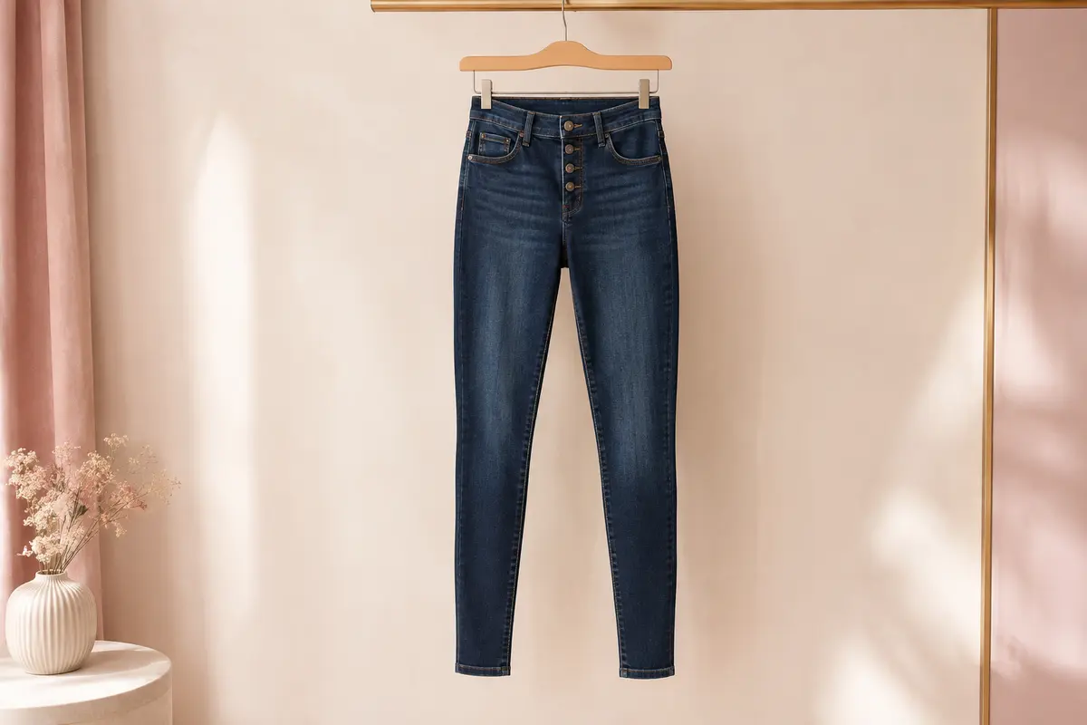 Jean skinny femme en denim foncé légèrement délavé, présenté seul sur un cintre en bois.