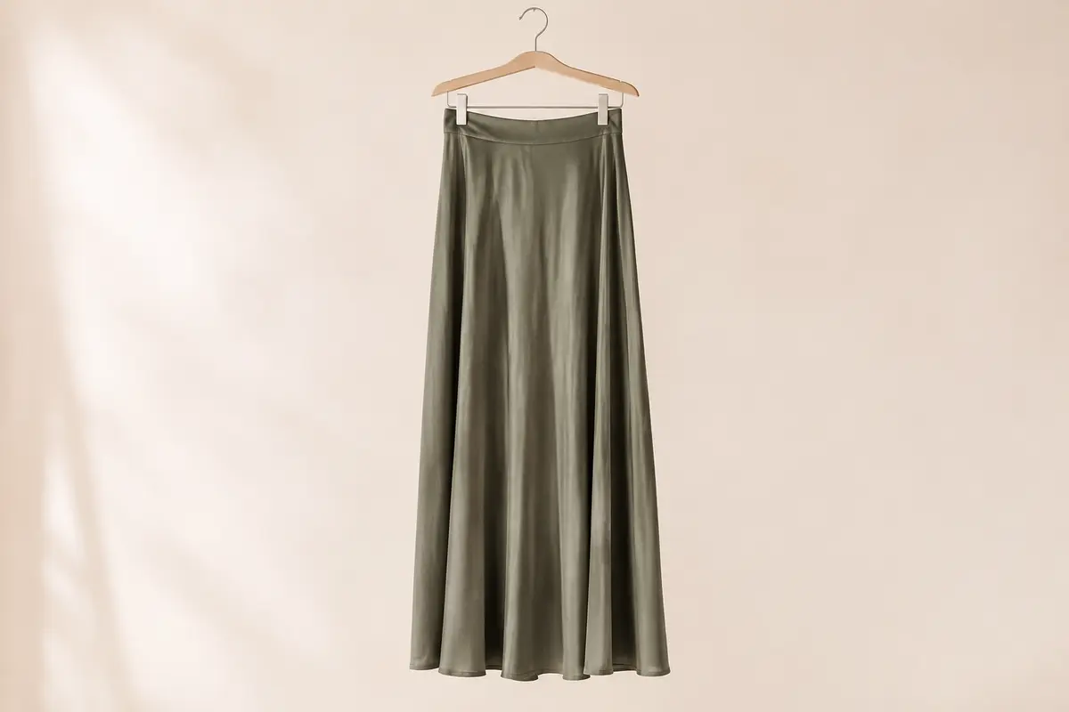 Jupe longue maxi ONLY en viscose présentée seule sur cintre dans un décor lumineux et sobre.