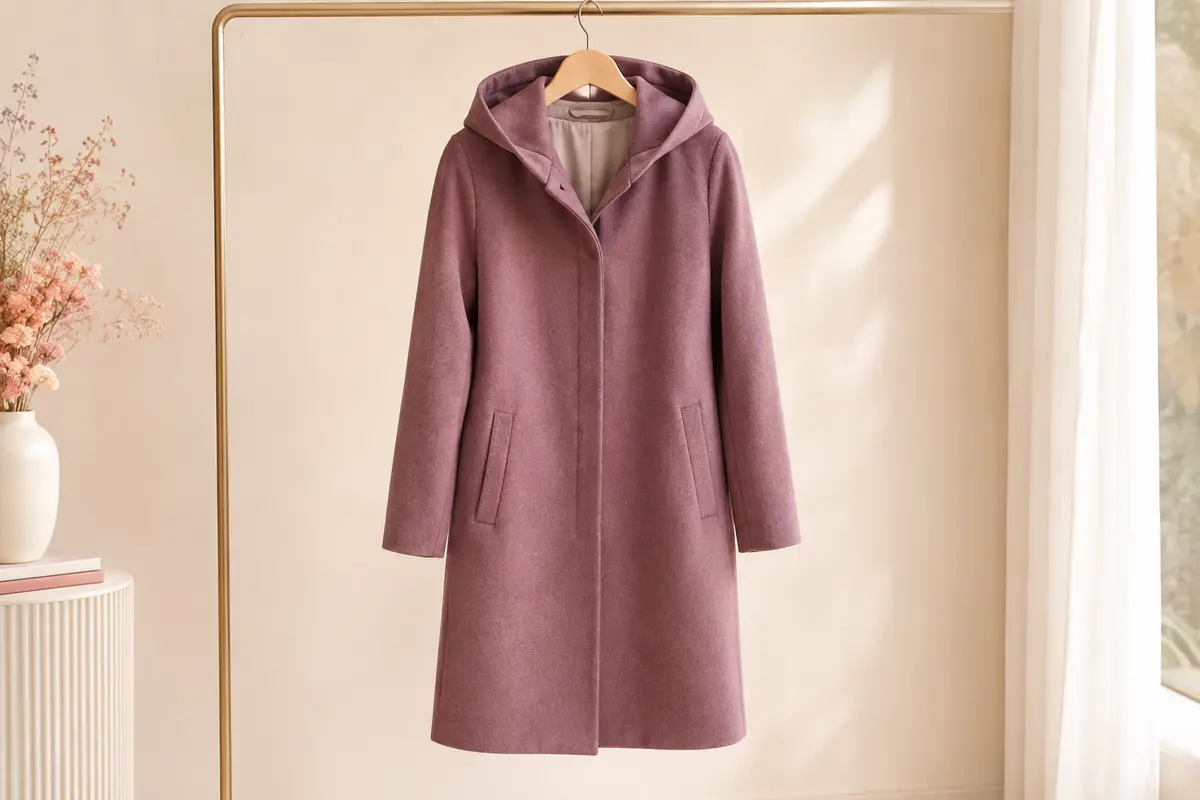 Manteau ONLY ONLSEDONA à capuche et longueur genou présenté seul sur un cintre dans un décor lumineux.
