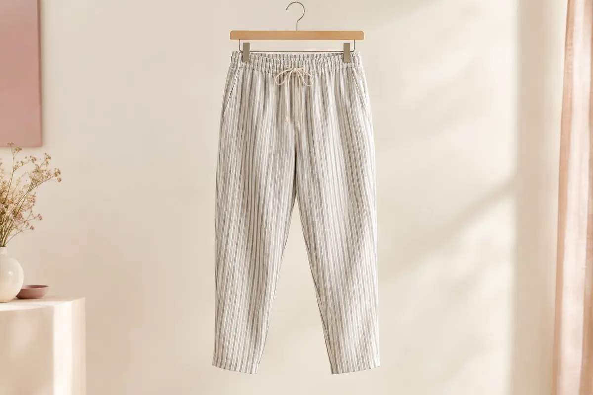 Pantalon chino ONLY à coupe carotte et rayures, présenté seul sur un cintre avec son cordon de serrage.