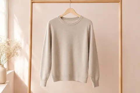 Pull ONLY à manches longues en maille plate présenté seul sur un cintre dans un décor lumineux