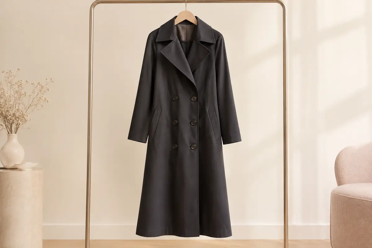 Trench long pour femme à col italien et double boutonnage, présenté seul sur un cintre dans un décor ivoire.