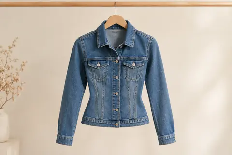 Veste en jean ONLY à coupe cintrée, col italien, manches longues, poches poitrine et fermeture boutonnée.