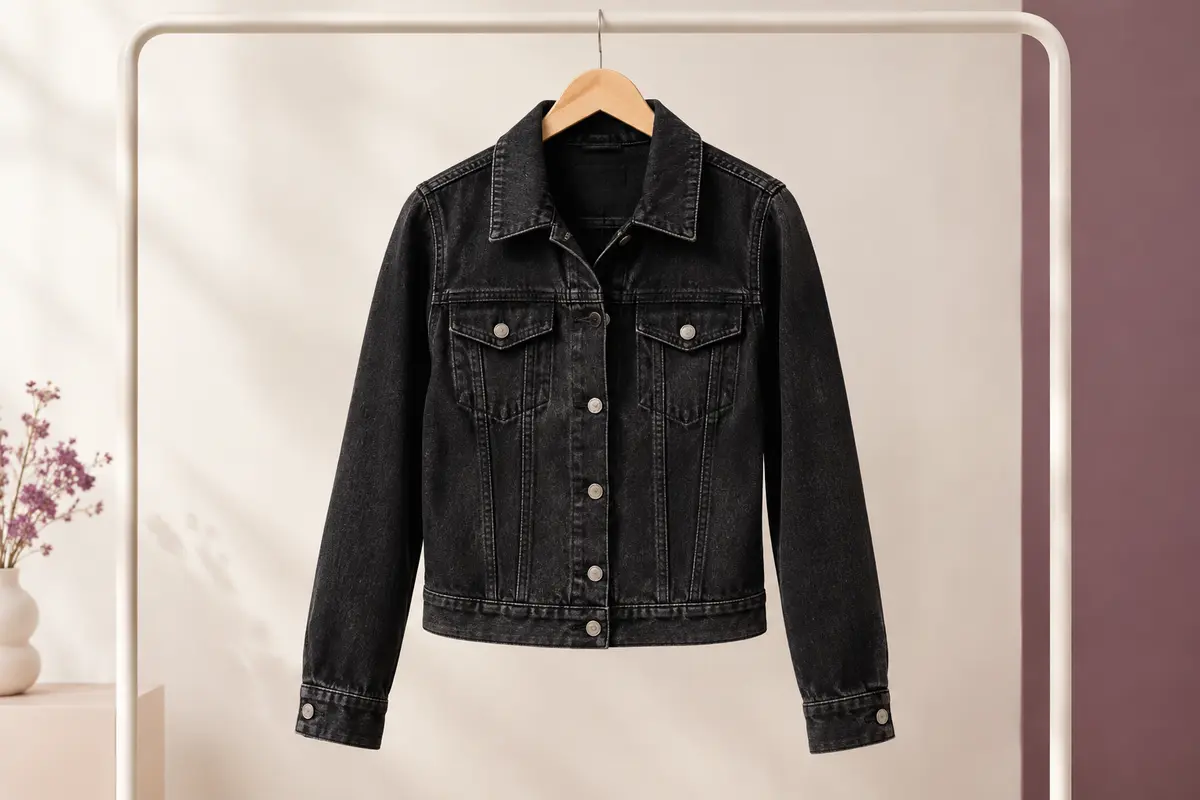 Veste en jean noire ONLY sur cintre, avec col italien, manches longues et poches de poitrine boutonnées.