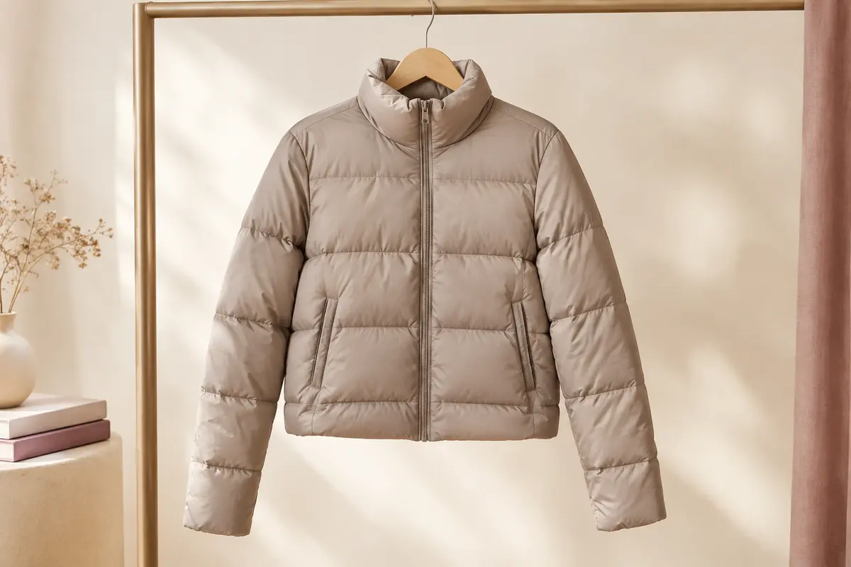 Veste matelassée courte ONLY à col montant, manches longues et fermeture éclair, présentée seule sur un cintre.