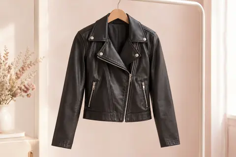 Veste courte en cuir synthétique à col motard, zip asymétrique et poches zippées présentée sur un cintre.